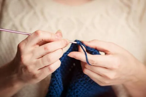 Close up of hands knitting Stock Photos