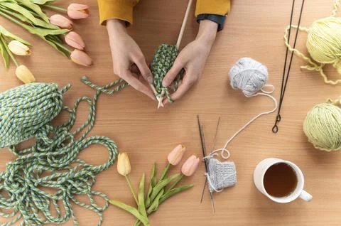 Close up hands knitting Stock Photos