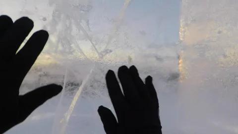 Close-Up of Hands Knock on a Block of Ice Stock Footage 113989161