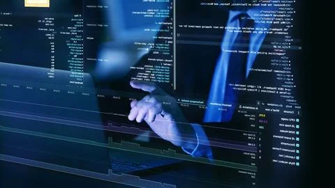 Close-up of hands on laptop keyboard, surrounded by floating, translucent layers Stockfoto's
