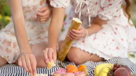 Close Up Of Hands Lifting Melted Soft Cheese With Bread At Picnic Stock Footage 341554167