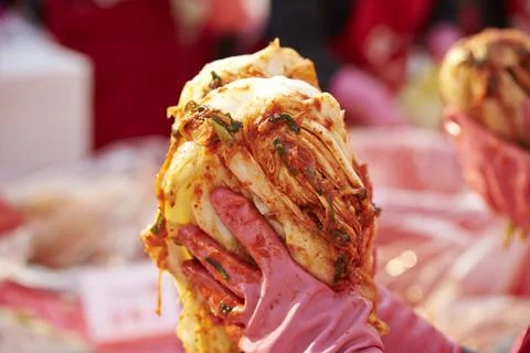 Close-up of hands making kimchi Stock Photos