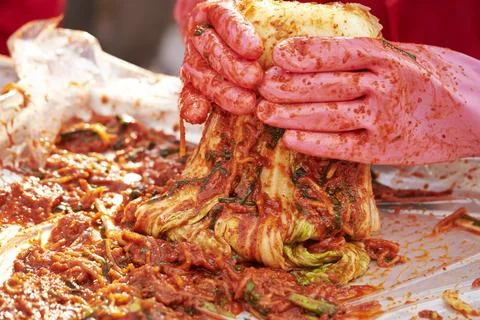 Close-up of hands making kimchi Stock Photos