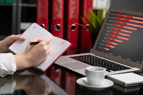 Close-up of hands making notes in diary next to tablet computer Stock Photos