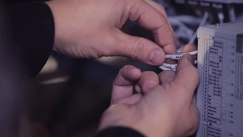 Close-up of hands of man checking the wires. 库存影片 77006281