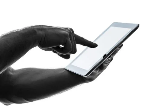 Close up hands man touchscreen digital tablet Stock Photos
