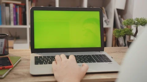 Close up hands man use laptop computer with green screen chroma key display Stock-Footage 119228730