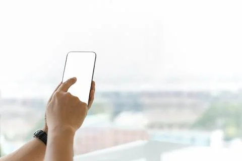 Close up of hands man using her cell phone. 스톡 사진