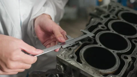 Close Up of Hands Measuring Car Engine Dimensions with Vernier Caliper in Stock Footage 301247389