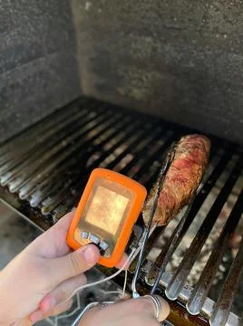Close-up of hands measuring the temperature of meat on a barbecue with a prob Stock Photos