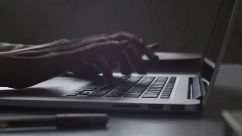 Close up hands opening computer and typing on laptop keyboard. Working in office Stock Footage 152168485