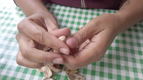 Close-Up of Hands Opening Peanuts on Checkered Tablecloth Stock Footage 320105757