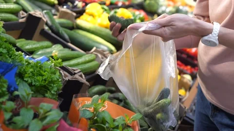 Close up of hands packing dried cucumbers to the plastic bag. Shopping freshest Stock Footage 157056069