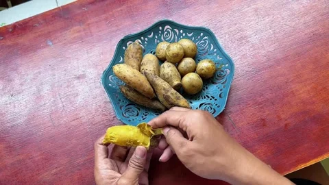 Close up of hands peeling skin off boiled yellow sweet potato Stock Footage 340050070