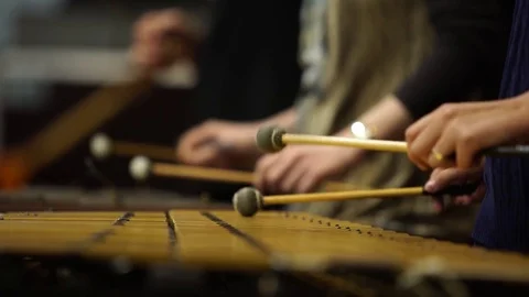 Close up of hands playing marimba in orchestra. Xylophone tandem Stock Footage 81704549