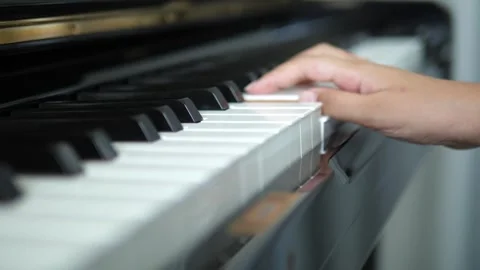 Close Up of Hands Playing Piano Keys, Soft Focus Classical Music Performance Video stock 308075204