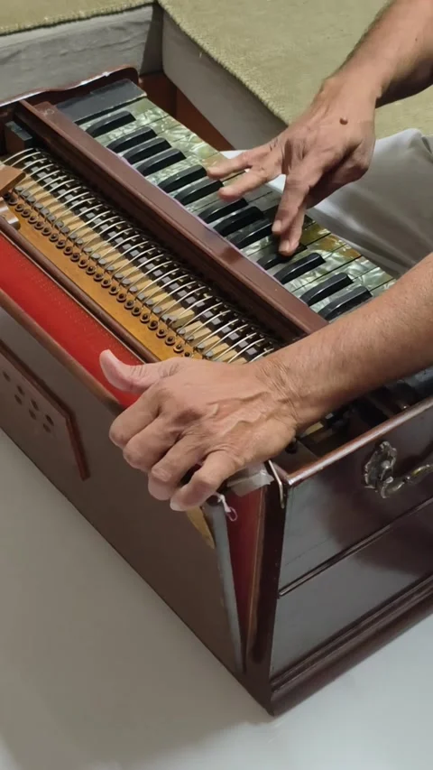 Close-up of hands playing a traditional harmonium, showcasing Indian classical Stock Footage 335453265
