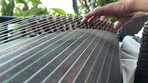 Close up of hands playing a traditional string instrument outdoors in a garden w Stock Footage 340150290