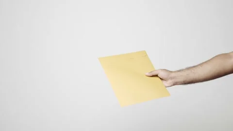 Close up hands postman sending the mail correspondence on isolated white backgro Stock Footage 144258093