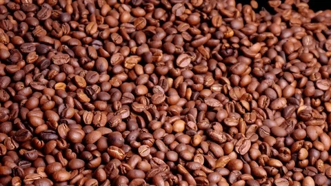 Close up of Hands pouring coffee beans to a pile of coffee beans. Stock Footage 122057570