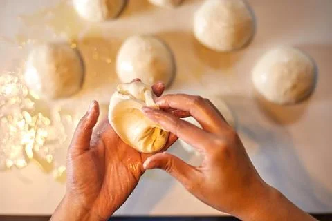 Close up hands preparing dough Stock Photos