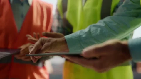 Close up hands of professional engineers using digital tablet for construct.. 库存影片 337539246