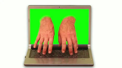 Close-up of hands reaching out of laptop display and pressing laptop buttons Stock Footage 48145258
