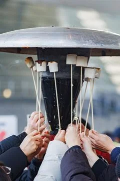 Close-up of hands roasting marshmallows over fire in a Christmas atmosphere Stock Photos