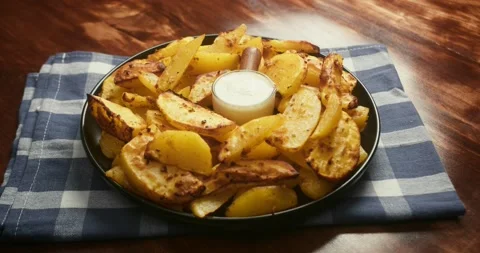 Close up of hands rotating a plate filled with crispy roasted potato wedges. A Stock Footage 336185831