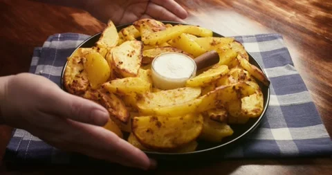Close up of hands rotating a plate filled with crispy roasted potato wedges. A Stockbeeldmateriaal 337516533