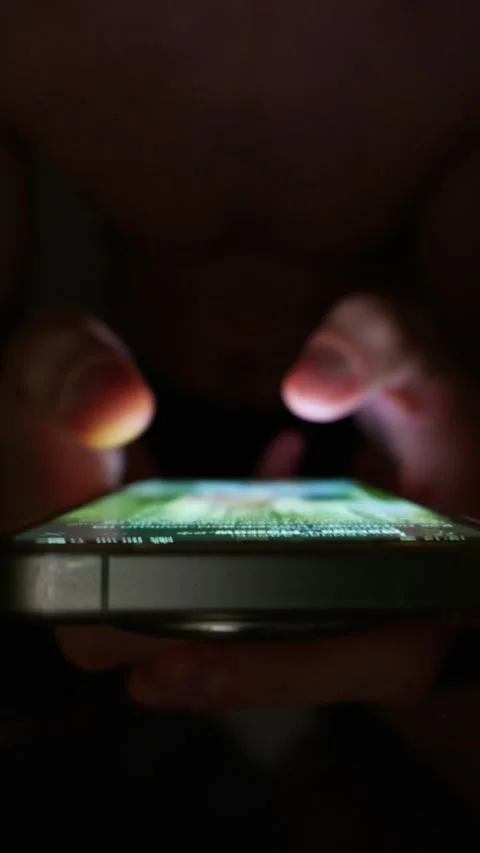 Close Up of Hands Scrolling Smartphone in Dark Bathroom Toilet Stock Footage 339210856