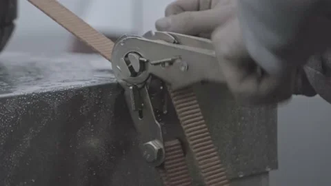 Close up of hands secure a ratchet strap. Outdoor cargo tie down straps. Vidéo 170061027