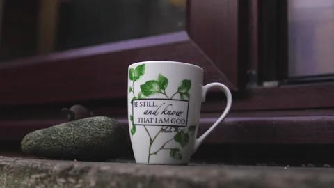 Close-Up of Hands Setting Tea Mug on Step with Bible Verse in Daylight Video stock 308637814