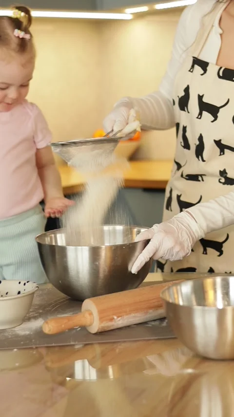 Close Up Hands Sifting Flour into Bowl - Baking Detail Stock Footage 328260604