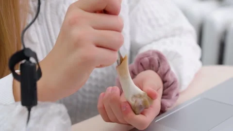 Close-up of hands skillfully carving a bone with a small tool, showcasing Video stock 318710160