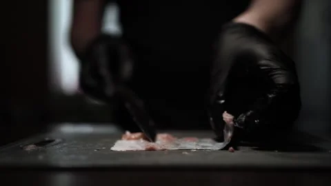 Close-Up of Hands Slicing Fresh Salmon Fillet on a Dark Background Stock Footage 303925342