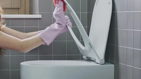 Close Up Hands Spraying Disinfectant and Wiping Toilet Seat Stock Footage 344763501
