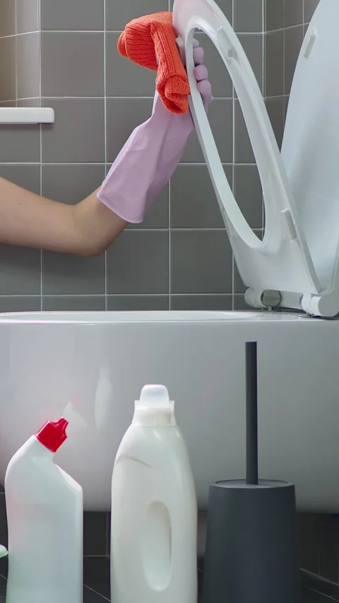 Close Up Hands Spraying Disinfectant and Wiping Toilet Seat Stock Footage 344765254