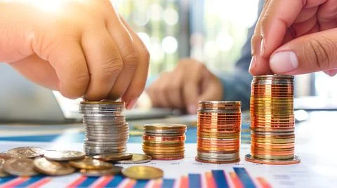 A close-up of hands stacking coins next to a growing bar graph, with a bright Stock Photos