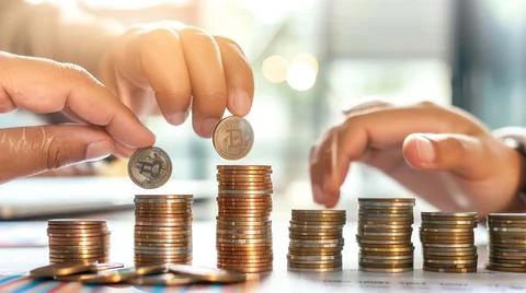 A close-up of hands stacking coins next to a growing bar graph, with a bright Foto stock