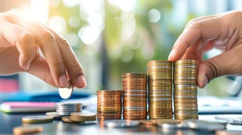 A close-up of hands stacking coins next to a growing bar graph, with a bright Foto stock