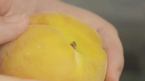 Close up of hands tears a peach in two pieces Stock Footage 134069444