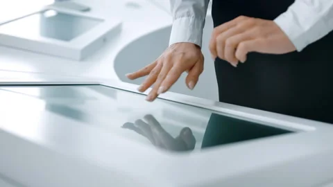 Close-up of hands touching modern screen in the hi-tech office or software lab Video stock 92273934