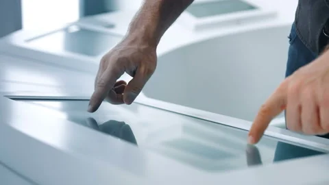 Close-up of hands touching modern screen in the hi-tech office or software lab Stock-Footage 92274200