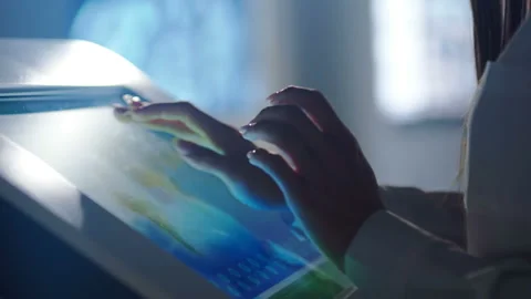 Close-up of hands touching modern screen in the hi-tech office or software lab Stock-Footage 92281180