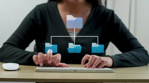 Close-up of hands typing and using mouse with animated file structure graph Stock Footage 347185377