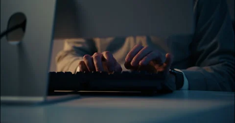Close-Up of Hands Typing Code in Dark Room  Hacker or Night Programmer. Video stock 306738537
