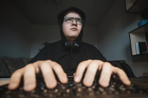 Close up of hands typing on computer keyboard student searching information a 스톡 사진