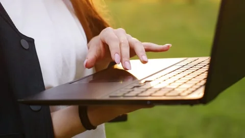 Close-up of hands typing on laptop against golden-hour background Stock Footage 336263701