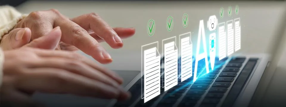 Close-up of hands typing on a laptop, featuring a digital hologram of AI do.. Stock Photos